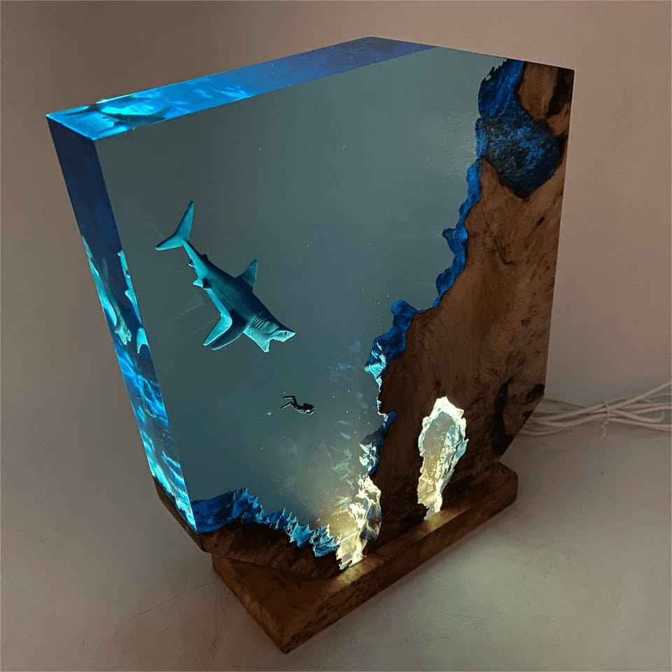 Sharks, divers, wood sculptures, epoxy resin lamp （ Best Gift 🎁 ）